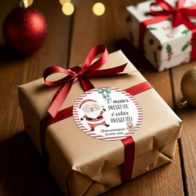 Etiquetas de Natal Redondas Personalizadas Papai Noel e Borda Listrada