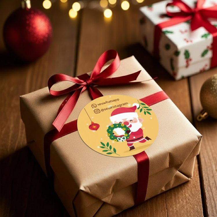 Etiquetas de Natal Redondas Personalizadas Papai Noel e Guirlanda