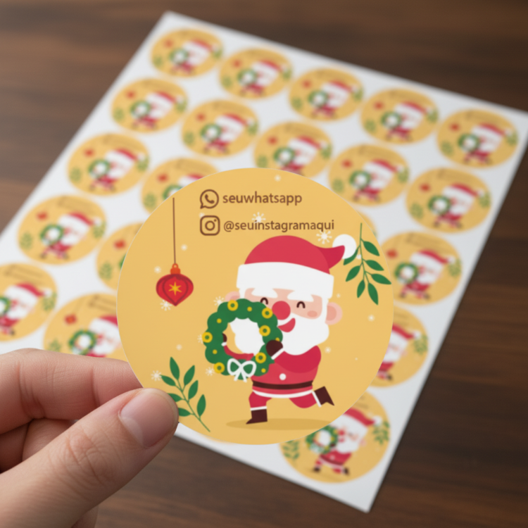 Etiquetas de Natal Redondas Personalizadas Papai Noel e Guirlanda