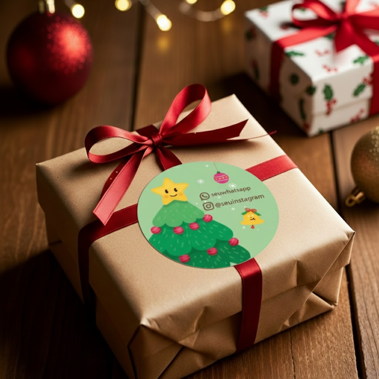 Etiquetas de Natal Redondas Personalizadas �rvore, Estrela e Sininho