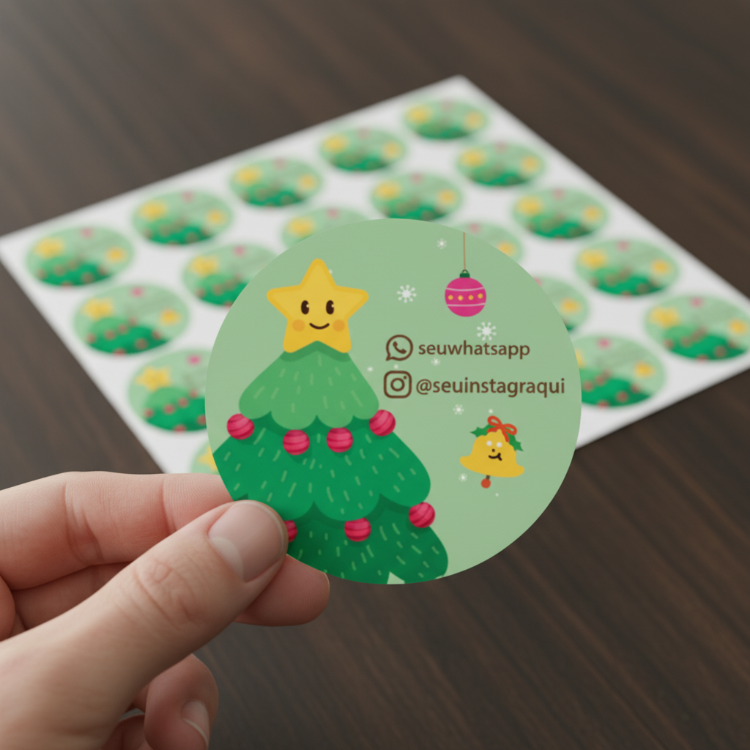 Etiquetas de Natal Redondas Personalizadas rvore, Estrela e Sininho