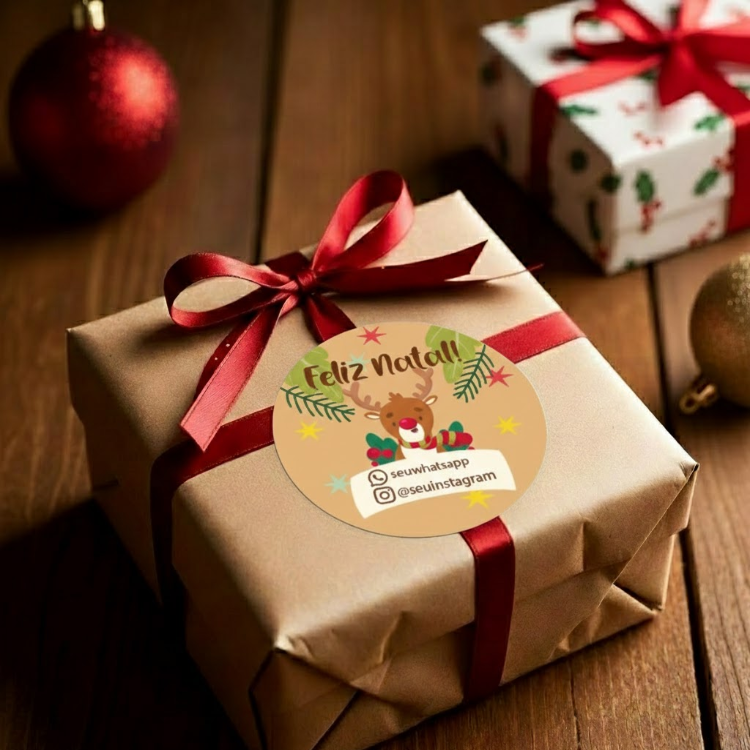 Etiquetas de Natal Redondas Personalizadas Rena Bege