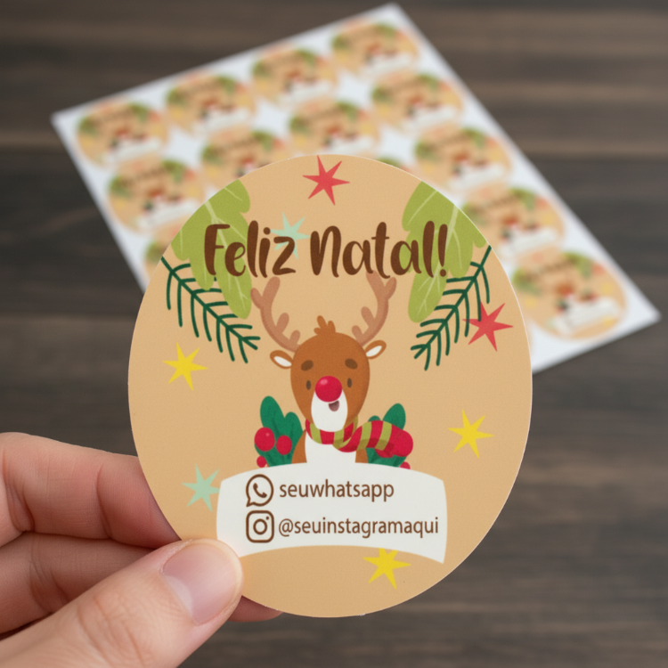 Etiquetas de Natal Redondas Personalizadas Rena Bege