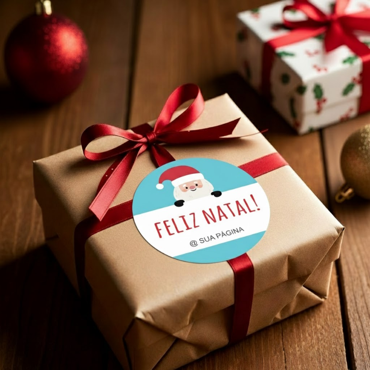 Etiquetas de Natal Redondas Personalizadas Papai Noel Azul