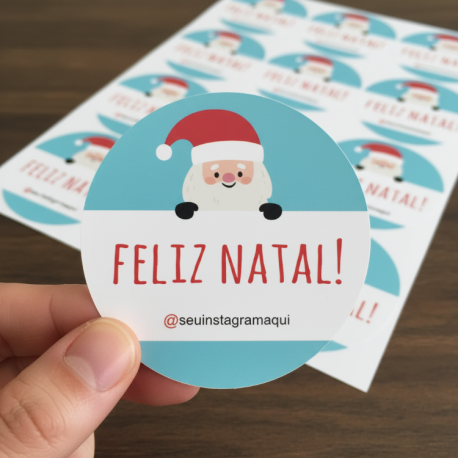 Etiquetas de Natal Redondas Personalizadas Papai Noel Azul