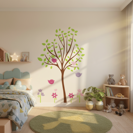 Adesivo de Parede Arvore com Folhas, Flores e Passaros