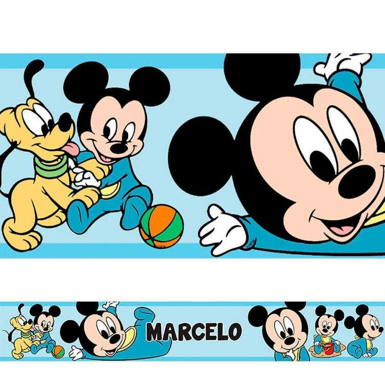 Adesivo de Parede Faixa Mickey Baby Azul Claro com Nome