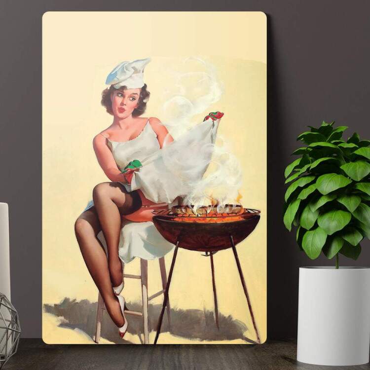 Placa Decorativa Pin-up Fazendo Churrasco