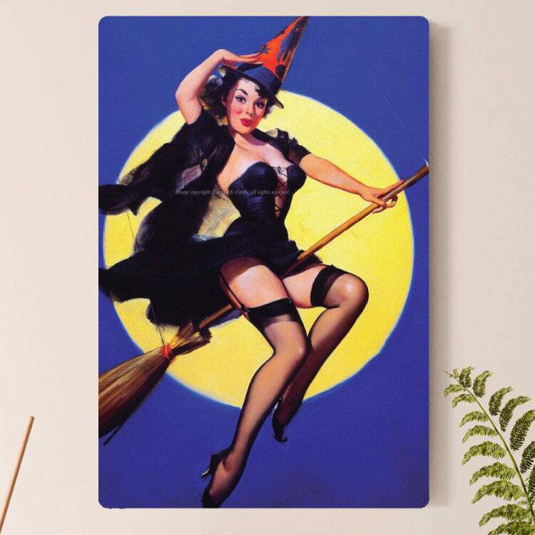 Placa Decorativa Pin-up Bruxinha na Vassoura