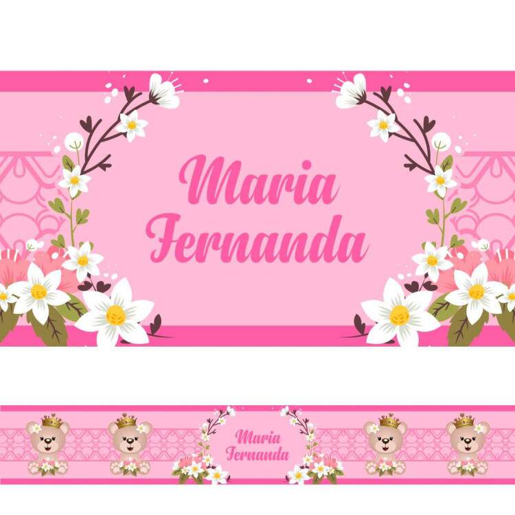 Adesivo Faixa Ursinha Floral Rosa Escuro com Nome