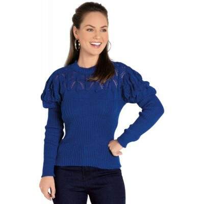 Blusa Tricot Manga Longa Azul