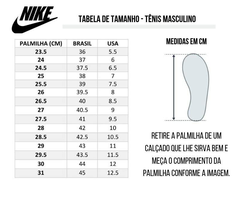 tabela medidas tenis nike infantil