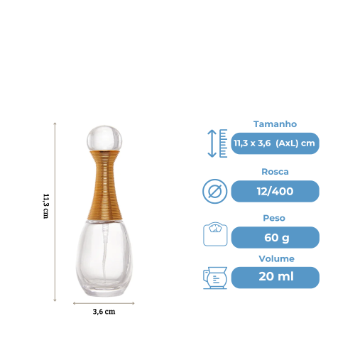 Frasco de Perfume Vidro Jadore 20ml Rosca 12/400 com Vlvula Spray Luxo