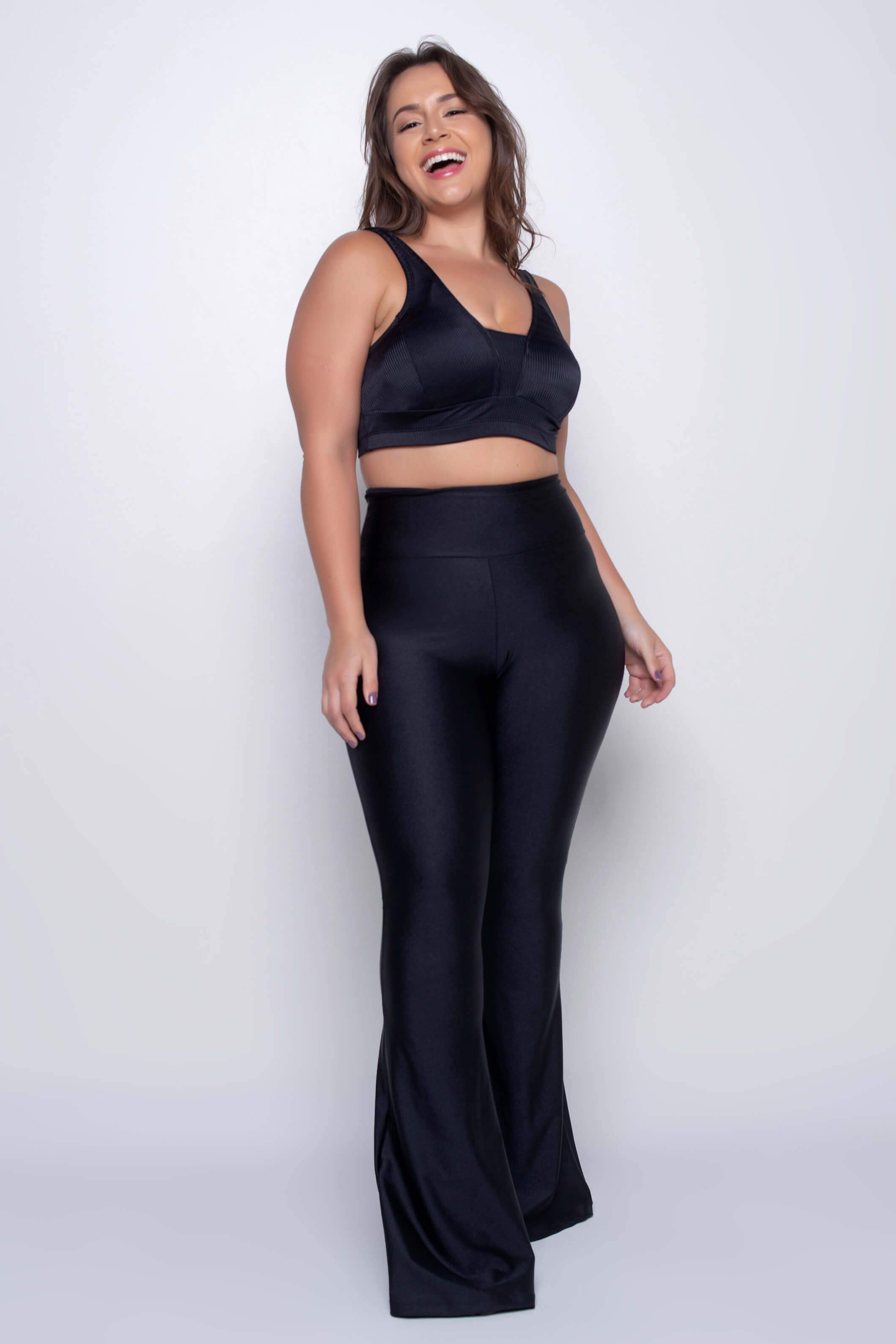 calça flare de poliamida com elastano