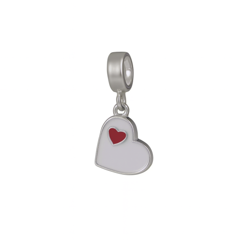 Berloque Prata Pendurado - Corao Branco com Vermelho Esmaltado