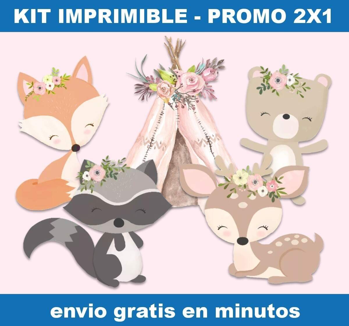 Kit Imprimible Animales Bosque Encantado Rosa Promo 2x1