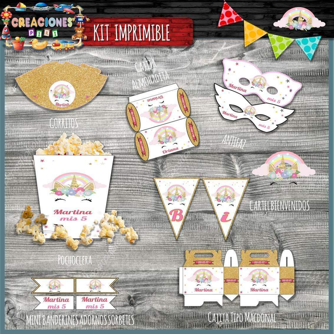 Kit Imprimible Candy Bar Unicornio Dorado El Mas Completo