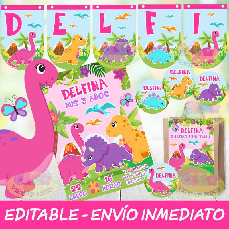Kit Imprimible Dinosaurios Nena Cumples Candy Bar Editable