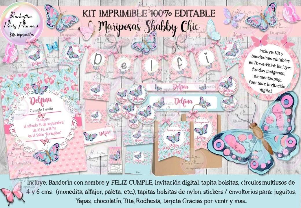 Kit Imprimible Candy Bar Mariposas Shabby Chic 100 Editable
