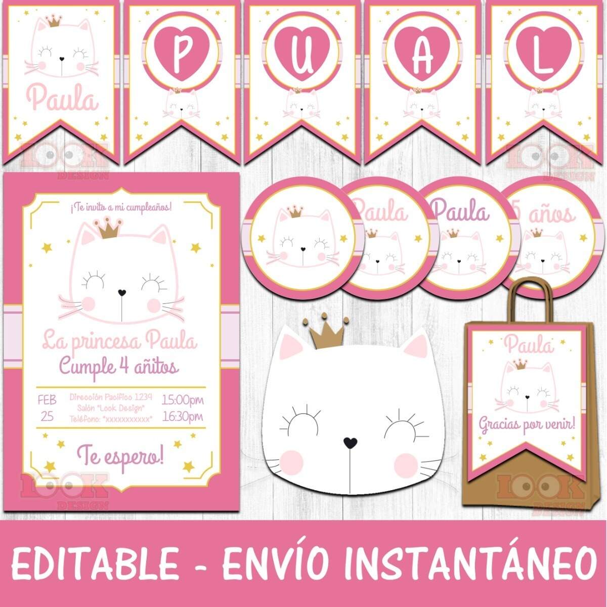 Kit Imprimible Candybar Gatita Princesa Nena 100 Editable