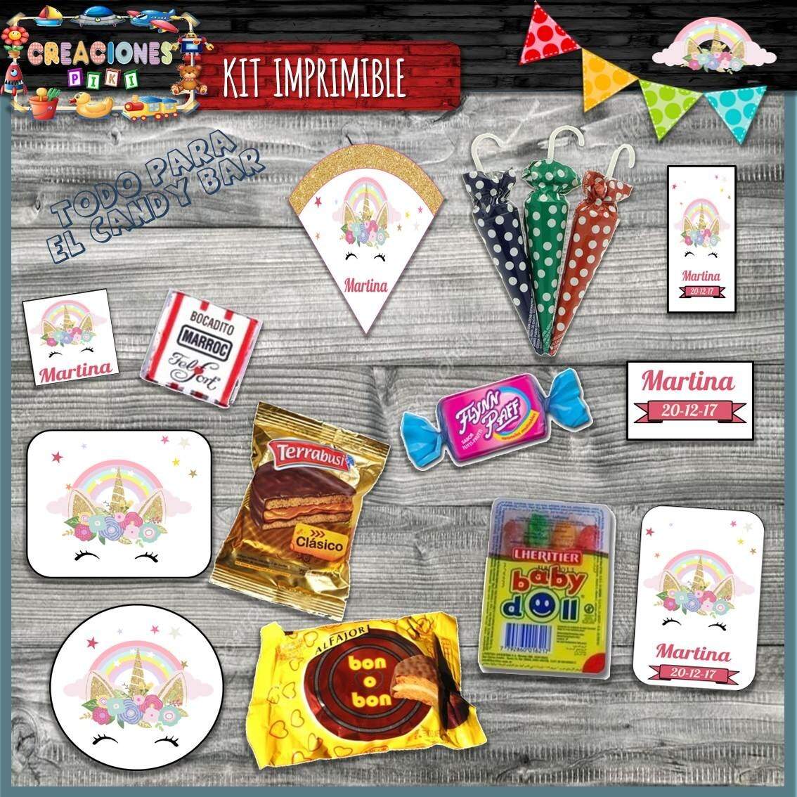 Kit Imprimible Candy Bar Unicornio Dorado El Mas Completo