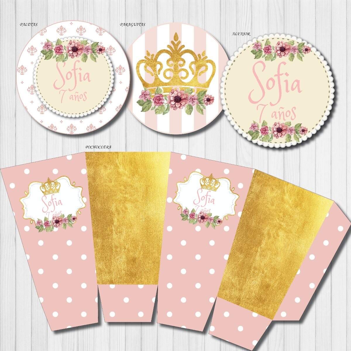 Kit Imprimible Candy Bar Personalizado Corona Rosa Dorado