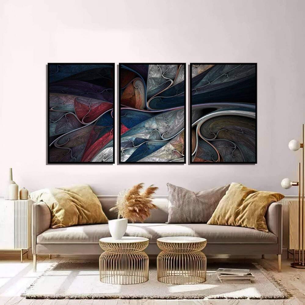 Quadro Decorativo 3 Telas: Abstrao Vibrante - Adicione Profundidade e Energia  sua Decorao com Arte Moderna