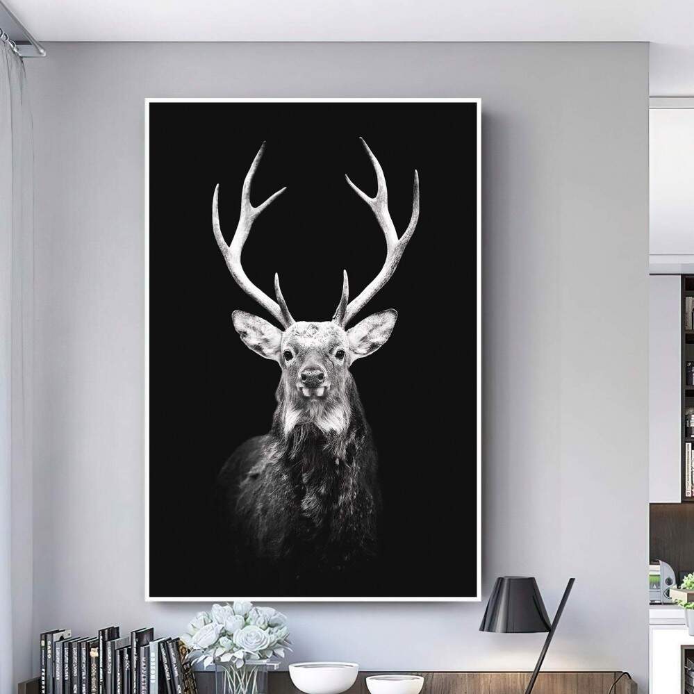 Quadro Decorativo 1 Tela - Majestade Monocromtica: Retratos de Cervos em Preto e Branco