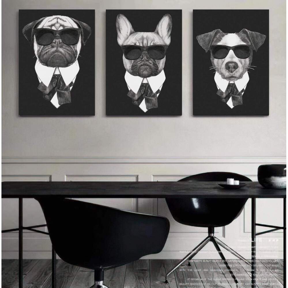 Quadro Decorativo 3 Telas: Charme Canino - Ces Estilosos em Preto e Branco para um Toque de Diverso e Personalidade em seu Ambiente