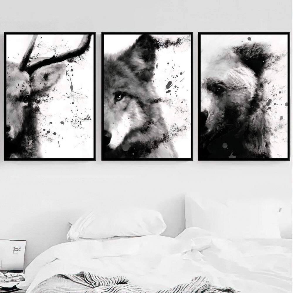 Quadro decorativo 3 telas Pincelada Animais