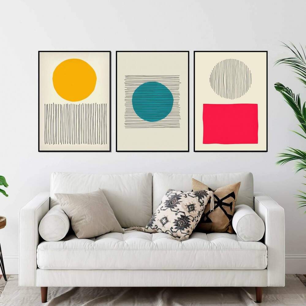 Quadro decorativo 3 telas bolas coloridas e linhas geométricas minimalista