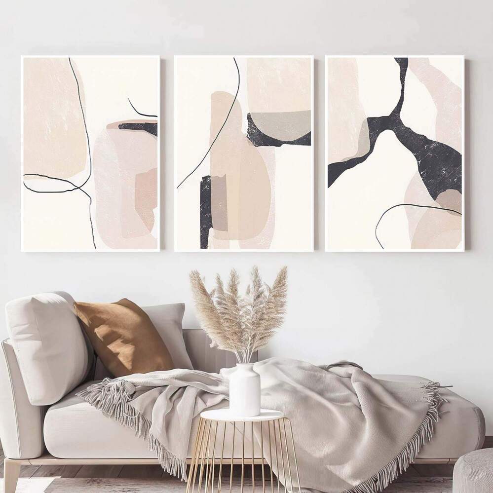 Quadro Decorativo 3 Telas: Coleo Abstrata em Tons Neutros, Unindo Geometria, Natureza e Humanidade em Harmonia Artstica