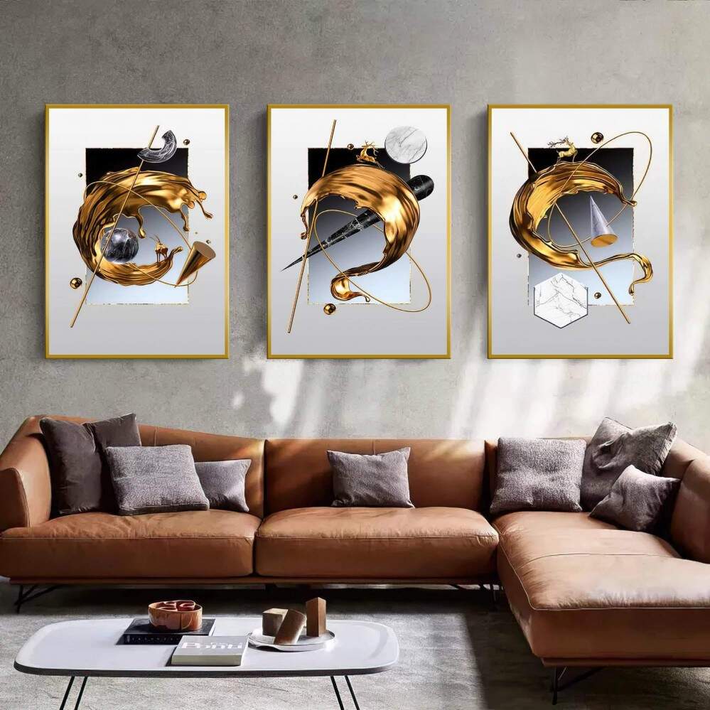 Quadro decorativo 3 telas Abstrato gold minimalista w16