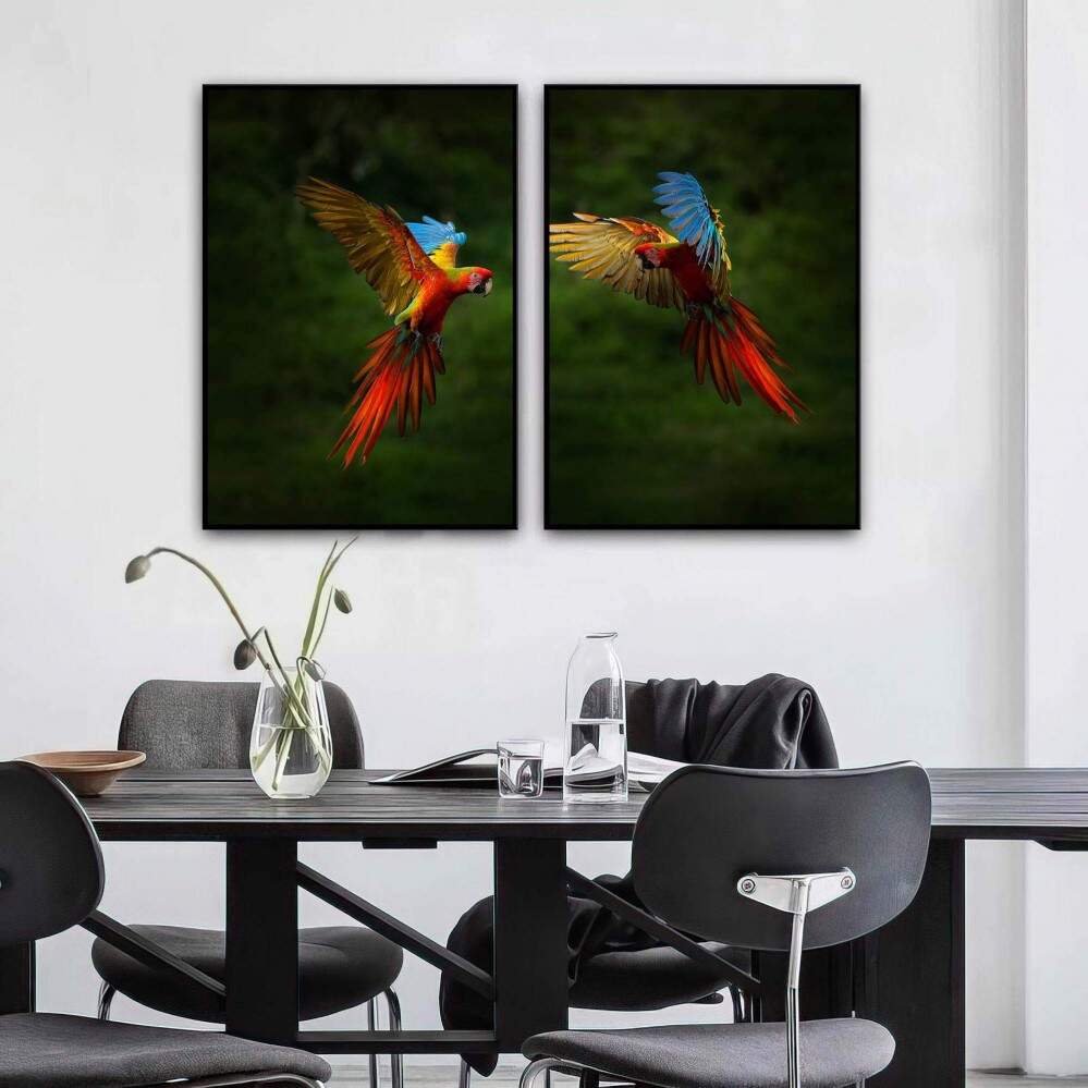 Quadro decorativo 2 telas: Esplendor de Papagaios Coloridos - Adicione um Toque de Natureza Vibrante  sua Decorao