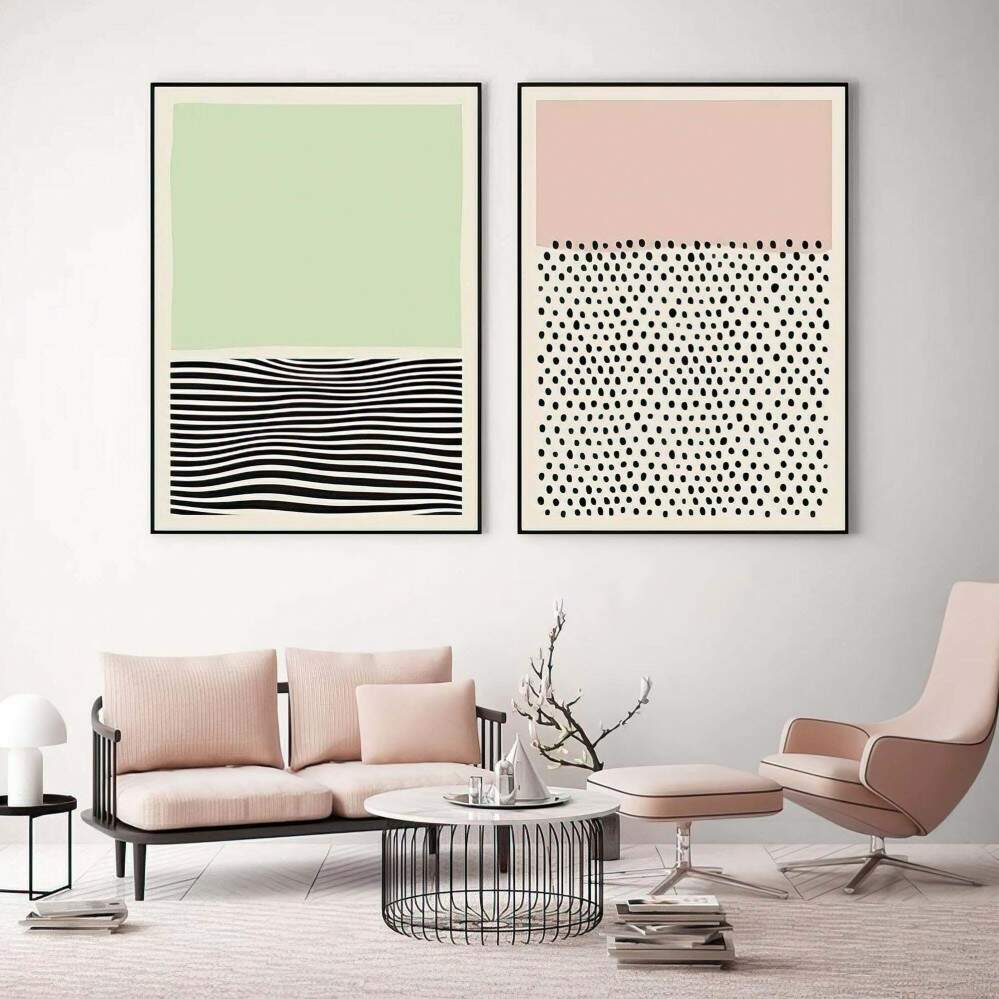 Quadro decorativo 2 telas Abstrato pontos e linha de design pintura nórdica minimalista arte