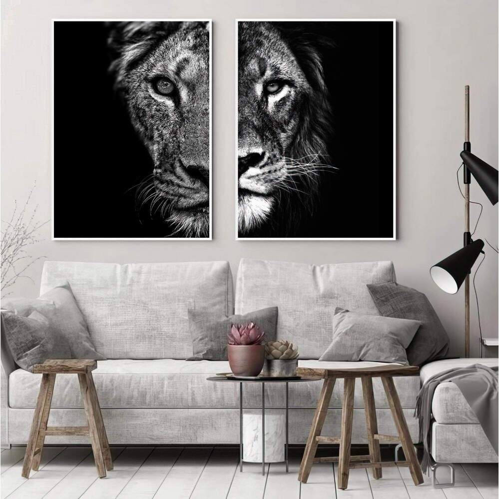 Quadro decorativo 2 telas Animais face Leão