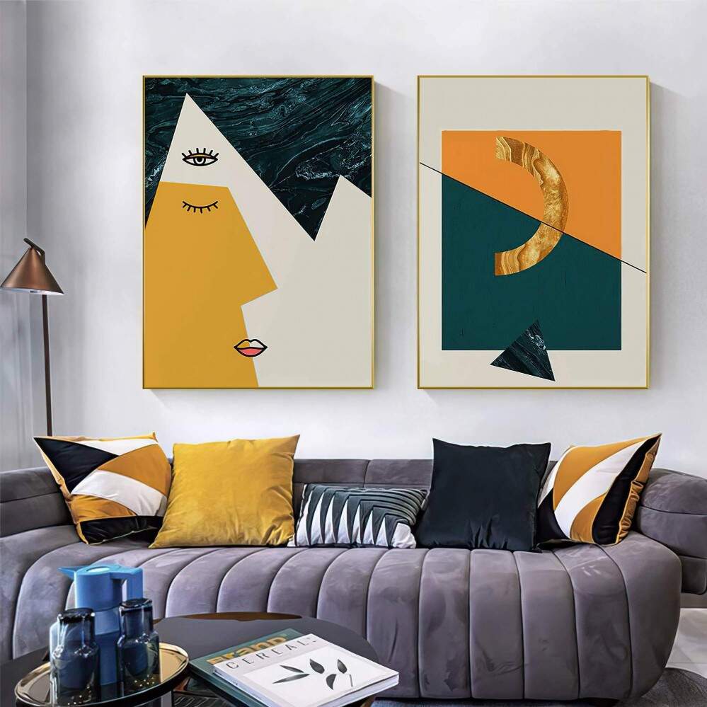 Quadro decorativo 2 telas Pintura abstrata meio acordar amarela verde minimalista