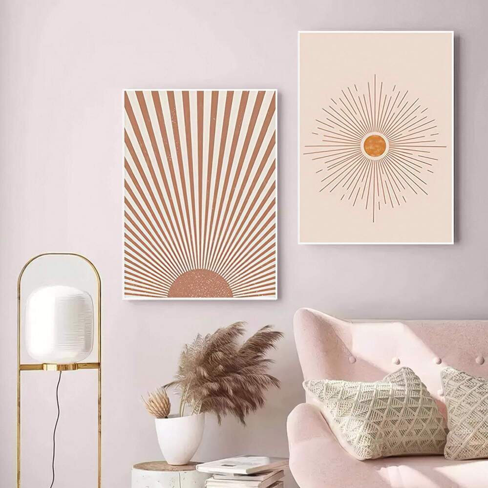 Quadro decorativo 2 telas moderno sol ilustrado boho