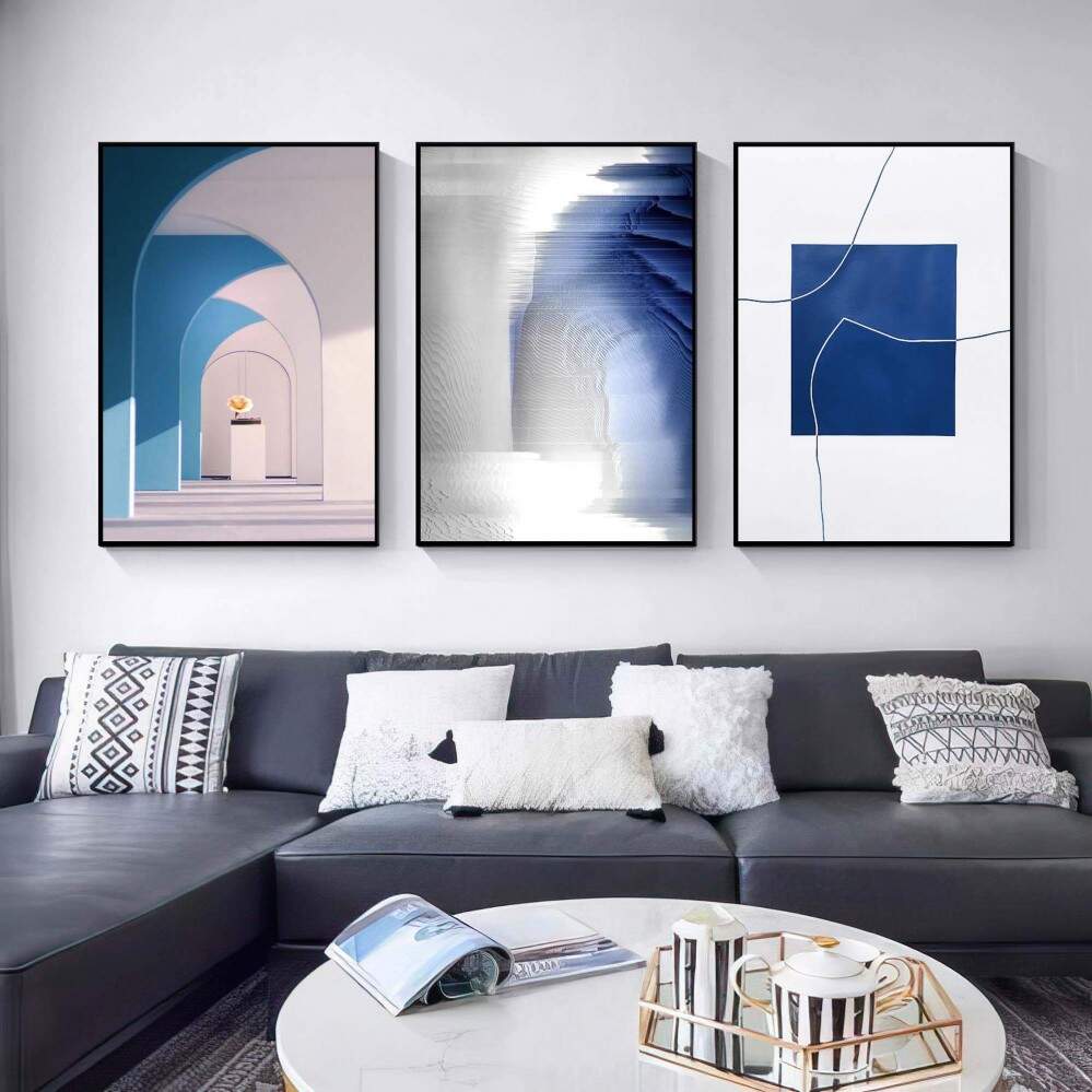 Quadro decorativo 3 telas Abstrato azul moderno minimalista escandinavo