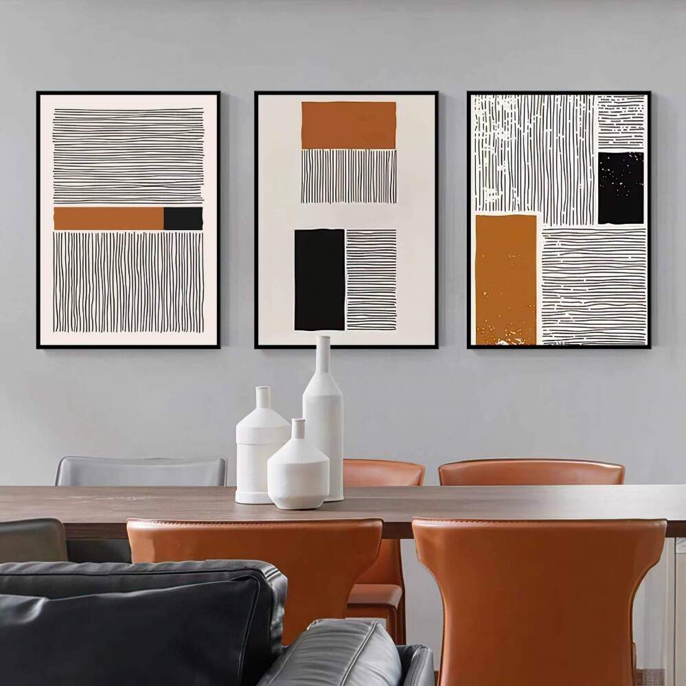 Quadro decorativo 3 telas: Abstrao Moderna em Laranja e Preto