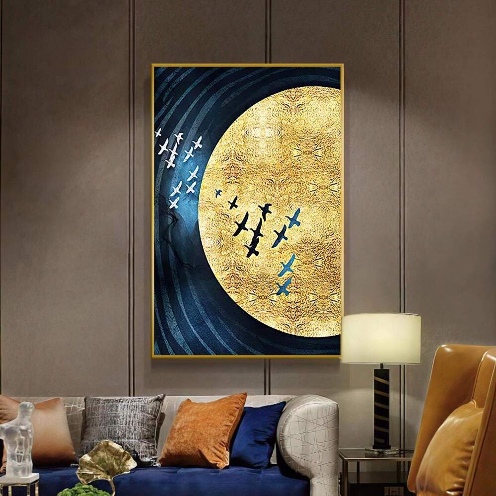 Quadro decorativo 1 tela Arte abstrato geométrico moderno dourado pássaros