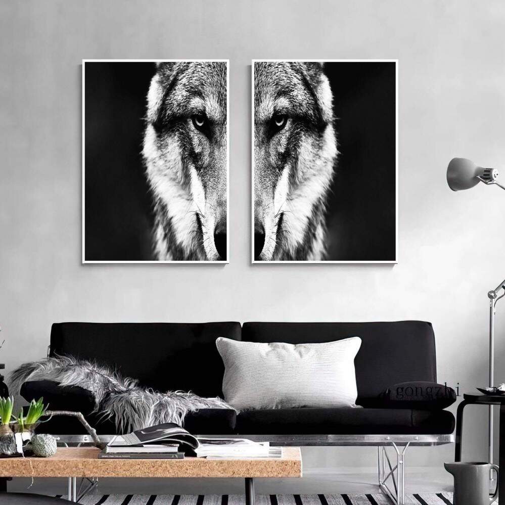Quadro decorativo 2 telas Animais Lobo preto e branco selvagem