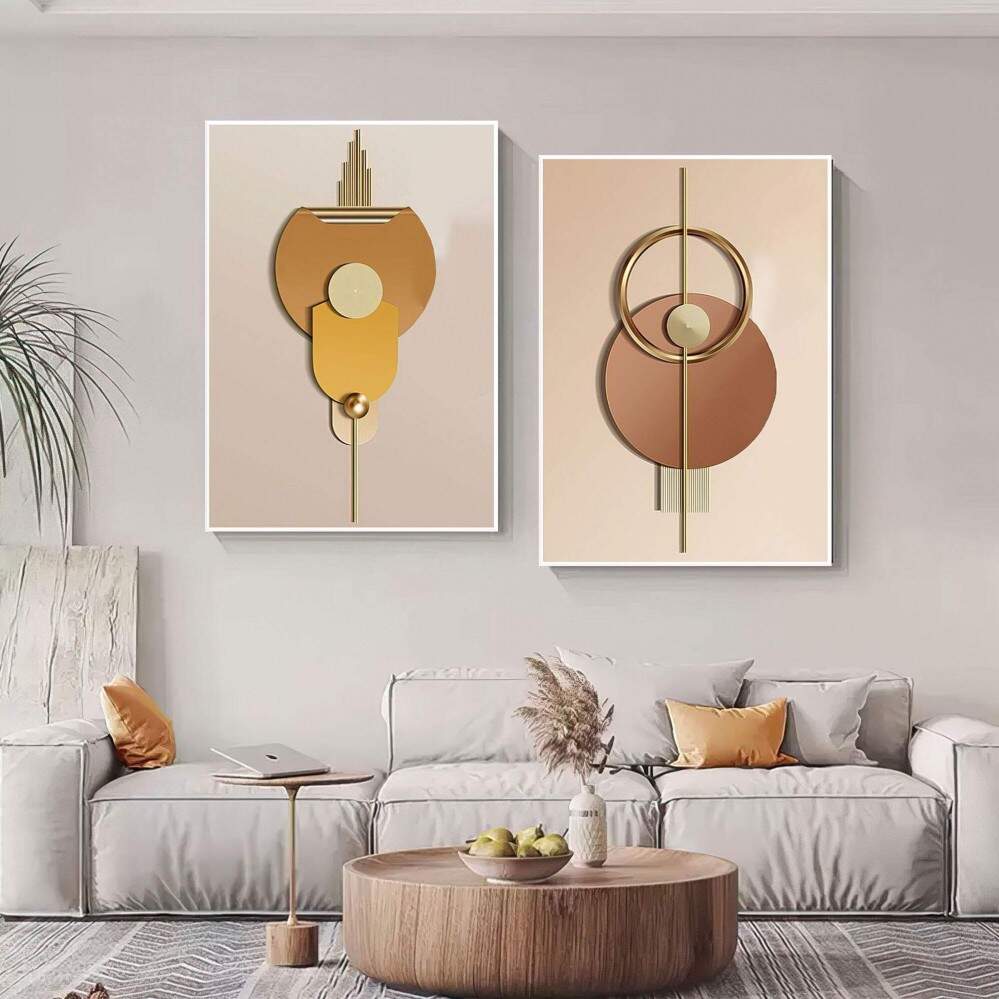 Quadro Decorativo 2 Telas - Elegncia Art Deco em Ouro e Bege