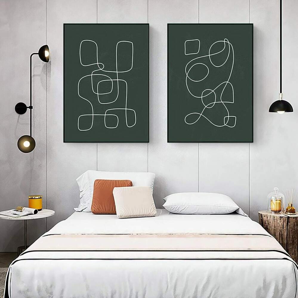 Quadro decorativo 2 telas abstrato labirinto desenho minimalista verde