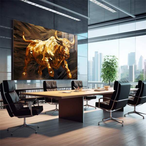 Quadro Decorativo Touro de Wall Street Dourado - Elegncia e Prosperidade para Sua Decorao
