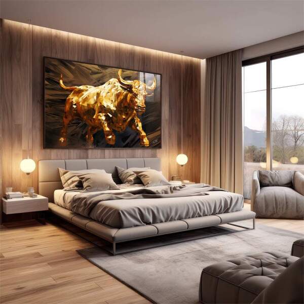 Quadro Decorativo Touro de Wall Street Dourado - Elegncia e Prosperidade para Sua Decorao
