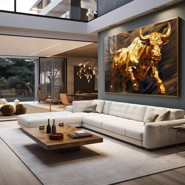 Quadro Decorativo Touro de Wall Street Dourado - Elegncia e Prosperidade para Sua Decorao