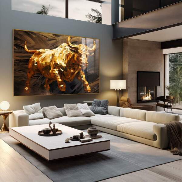 Quadro Decorativo Touro de Wall Street Dourado - Elegncia e Prosperidade para Sua Decorao