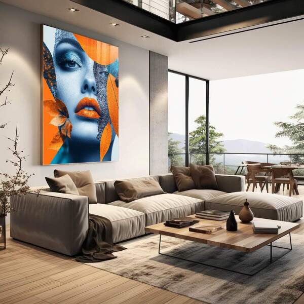 Quadro Decorativo Mulher Abstrata em Harmonia com Folhagens Douradas