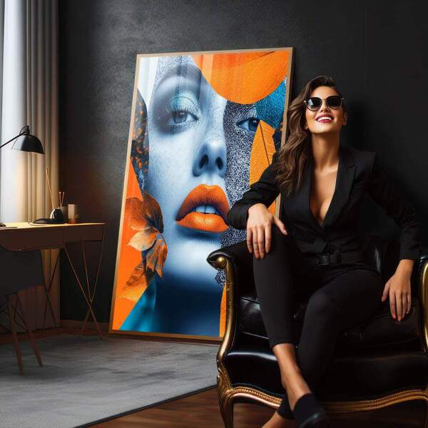 Quadro Decorativo Mulher Abstrata em Harmonia com Folhagens Douradas
